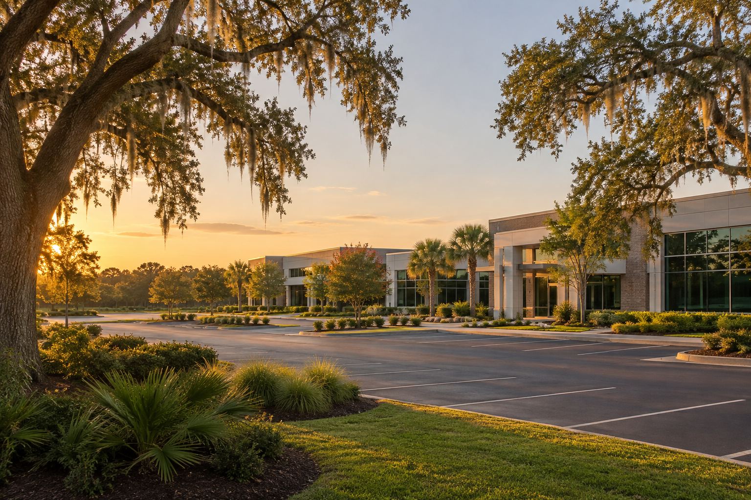 A commercial office park with landscaped grounds in coastal South Carolina, illustrative
